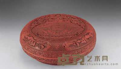 清 剔红开光山水人物春字捧盒 直径34.6cm